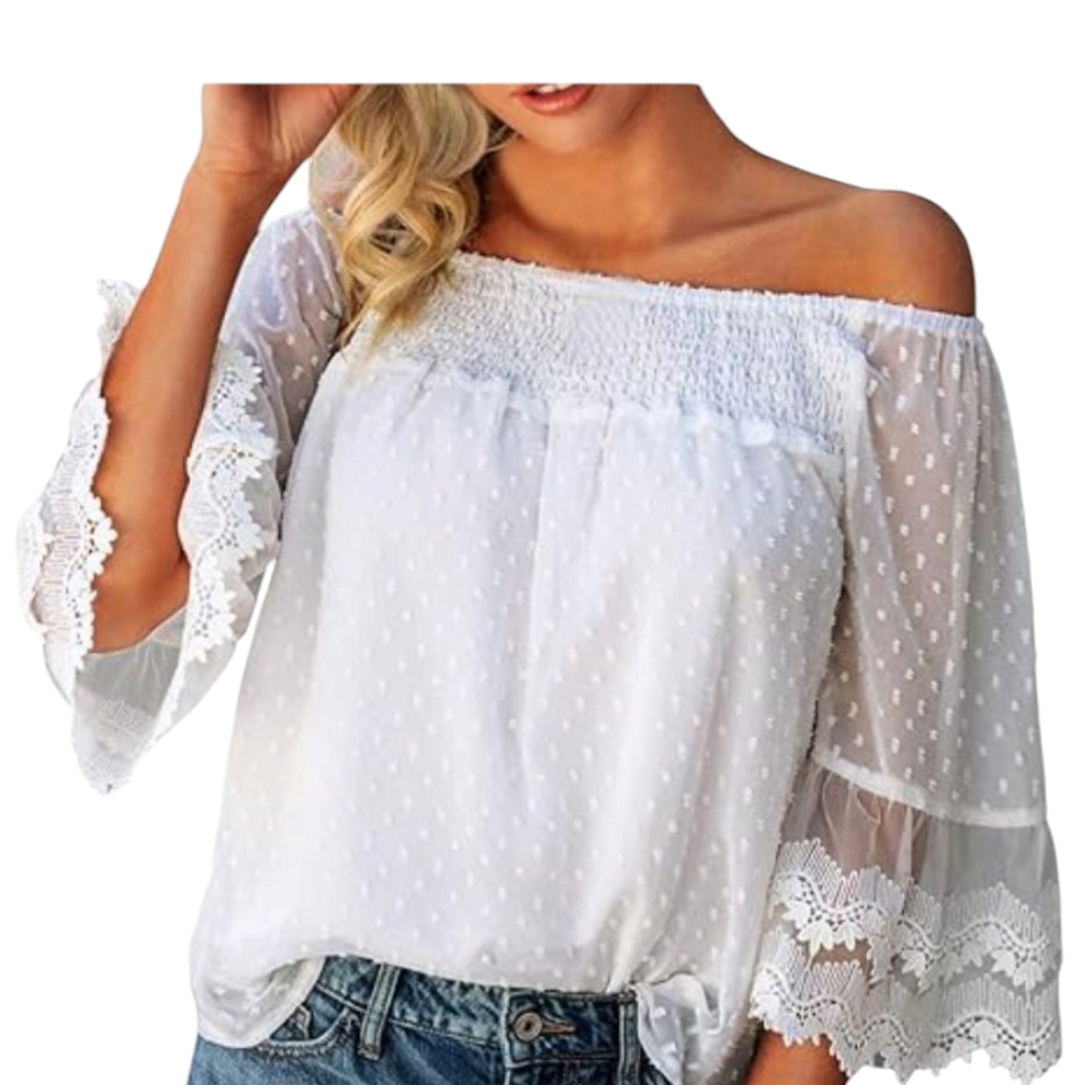 Bequemer Laden Off Shoulder Top 3/4 Bell Sleeves Elastic Neckline. S